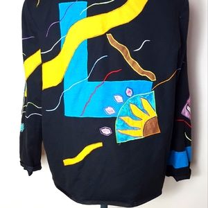Retro Allure Jacket L Abstract Art Embroidered Black Bright